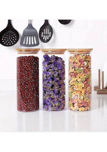 3 Adet 1300 Ml Bambu Kapaklı Yuvarlak Bakliyat Seti Kavanozu