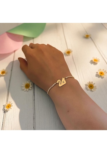 Archin L Harfine Özel 14 Ayar Altın Plakalı Beyaz Taş Detaylı Kuğu Kuşu Motifli Hediye Bileklik-601harf L