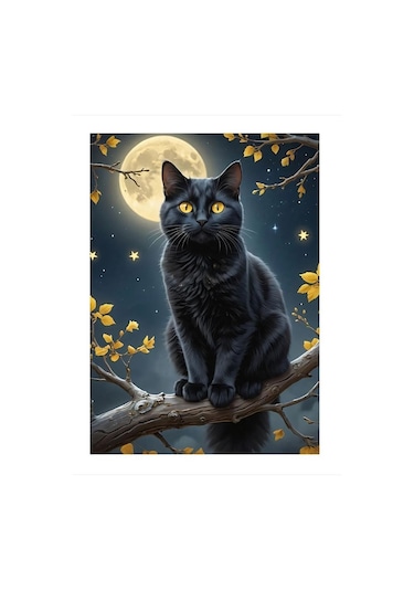Siyah Kedi Ve Dolunay Desenli Ahşap Tablo 35cm X50cm