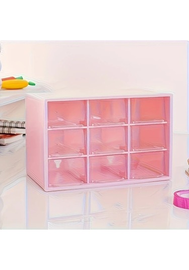 Dashanshop Pembe 9 Parça Şeffaf Çekmeceli Set Takı Kozmetik Ofis Mutfak Organizatörü Pembe