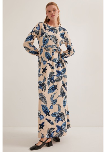 Bigdart Kadın Mavi Krem Desenli Örme Tesettür Elbise 1525 001