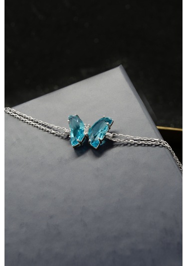 Turkuaz Mavisi Kelebek Özel Taşlı 925 Ayar Gümüş Ayarlanabilir Bileklik - Gümüş