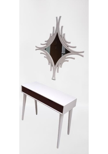 Dresuar Ahşap Kayın Retro Ayak Çift Çekmece CNC Ayna Beyaz Ceviz El Yapımı Beyaz - Ceviz