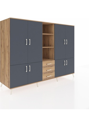 Kronos Dolap 11 Raflı 3 Çekmeceli 8 Kapaklı 220x59x163 Çam-antras Çam-antrasit/çam