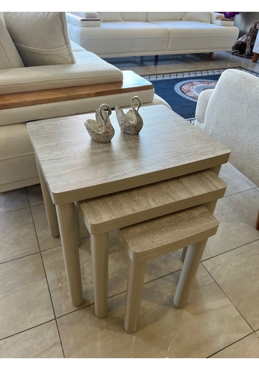 3lü Full Traverten Bohem Zigon Sehpa Bej