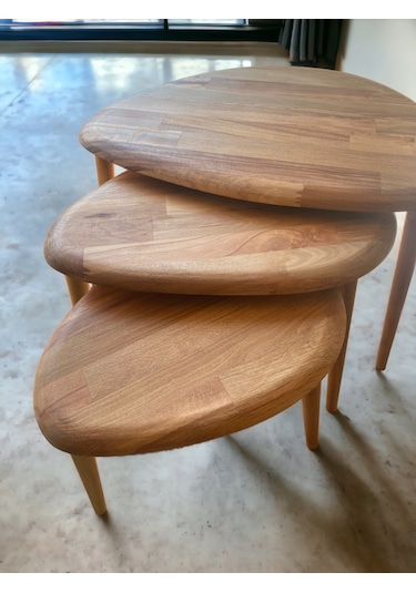 Fawdecor Masif Doğal Ahşap Modern Kestane 3'lü Zigon Sehpa Seti