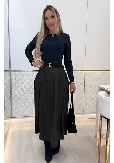 Kadın Yüksek Belli Maxi Deri Kemersiz Etek Siyah