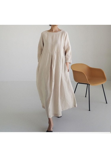 İlkbahar Ve Yaz Kadın Elbise Gevşek Büyük Boy Pamuk Keten Yuvarlak Boyun Kazak Düz Renk Uzun Elbise Askı Elbise Bej