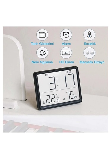Yenilzd Pilli Mini Saat Alarm Saat Nem Göstergesi Sıcaklık Ölçer Siyah
