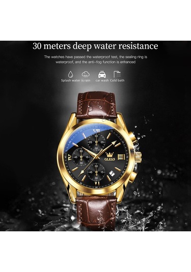 Olevs 2872 Erkekler Üç Göz Altı İğne Kronograf Su Geçirmez Kuvars Saat Siyah + Altın