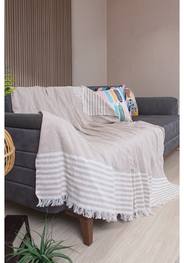 Pamuklu Püsküllü Elmas Desenli Koltuk Örtüsü 170x210 Cm Dekoratif Kanepe, Yatak Ve Tv Örtüsü Bej