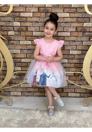Neşeli Bebe Kız Çocuk Frozen Elsa Pembe Elbise