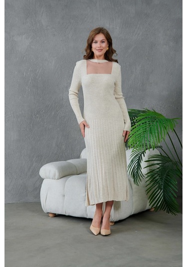 Kadın Bisiklet Yaka Tül Detay Maksi Boy Fitilli Triko Elbise Taş