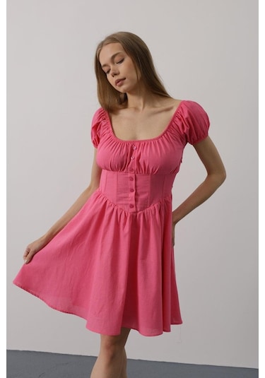 Periliçekeçe Beli Korseli Mini Elbise - Fuşya