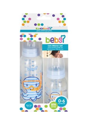 Bebsi Cam Biberon Seti Mavi - Pembe 250ml+125ml Karma 6lı Set