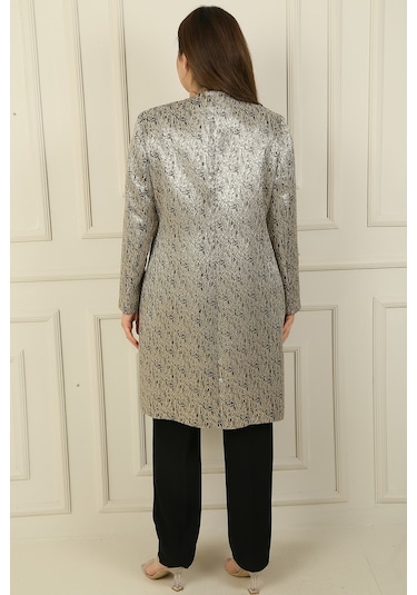 Kolsuz Yanları Yırtmaçlı Bluz Boncuk Detaylı Astarlı Uzun Jakarlı Ceket Pantolon Büyük Beden 3'lü Takım Siyah