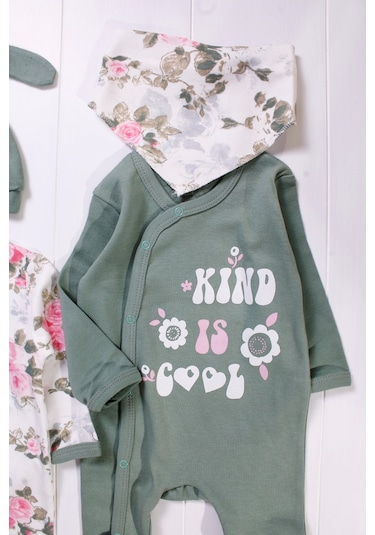 Kind İs Cool Desenli Nakışlı Kız Bebek 4'lü Tulum Seti Yeşil