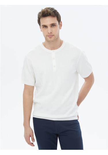 Ekru Hakim Yaka Jakarlı Triko Ekru