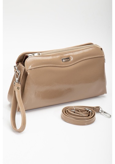 Kadın Portföy Cüzdan Çanta Vizon Rugan 3 Bölmeli Uzun Kısa Askılı-3227 Vizon