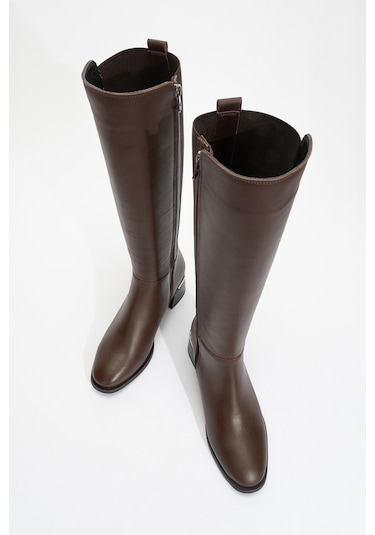 Rochos Kahve Cilt Streç Detaylı Hakiki Deri Kadın Çizme Kahve Rengi