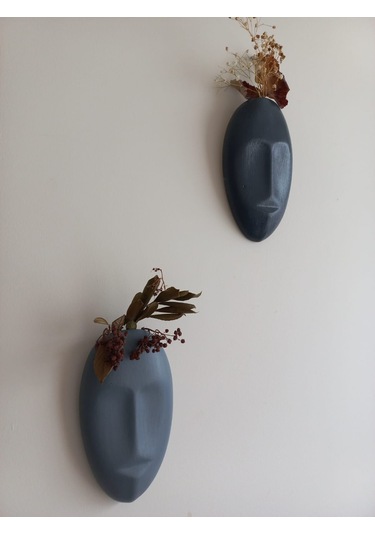 Dekoratif 2'li Yüz Duvar Vazosu, Duvar Süsü ,heykel Aksesuar Antrasit Gri