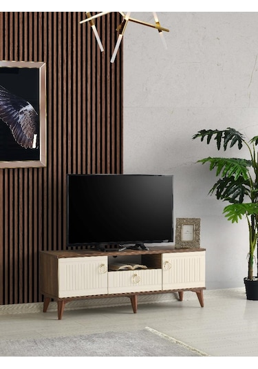 110 CM MDF MEBRAN KAPAK TV SEHPASI BAROK CEVİZ - KREM