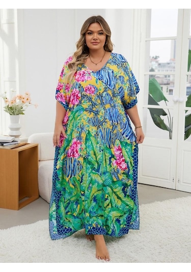 Edolynsa Şık Yeşil Baskılı Kadın Bohem Sabahlık Kaftan Ev Elbisesi Gevşek Tatil Partisi Uzun Elbise Mayo Üst Kıyafet Q1594 Çok Renkli