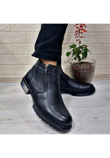 M.p 4204 Siyah Hakiki Deri Bağacaksız Fuspetli Sıcak Astar Erkek Bot 001