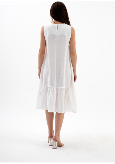 Kristal Keten Kolsuz Kadın Salaş Elbise - Ekru-ekru