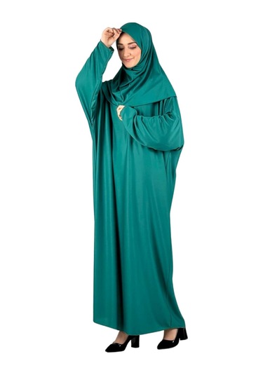 Namaz Elbisesi Eşarp Seccade Tesbih Set, İslami Giyim Takım Ferace Turban Şal Yeşil