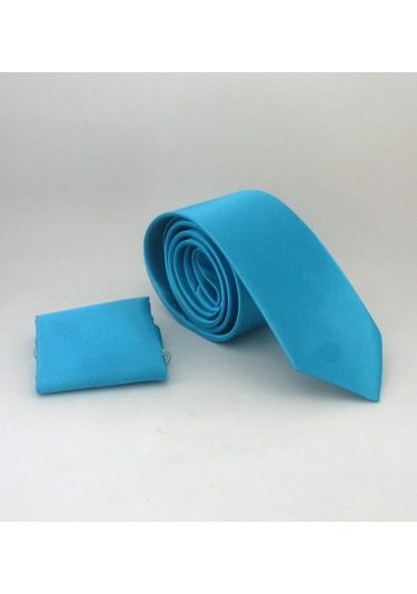Turkuaz Slim Fit Düz Renk Mendilli Saten Kravat - SS-15 Turkuaz