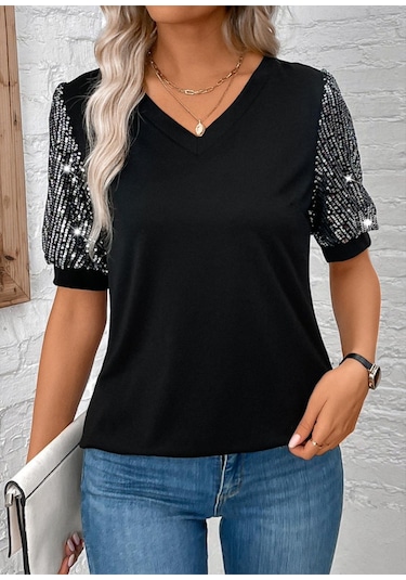 Kadın Kısa Kollu V Yakalı Pul Payet Detaylı Viskon Bluz Siyah