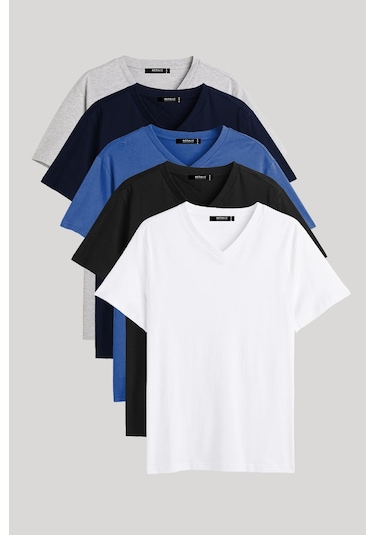Erkek Çok Renkli T- Shirt Regular Fit Rahat Kesim V Yaka 5'li Basic Tişört Paketi