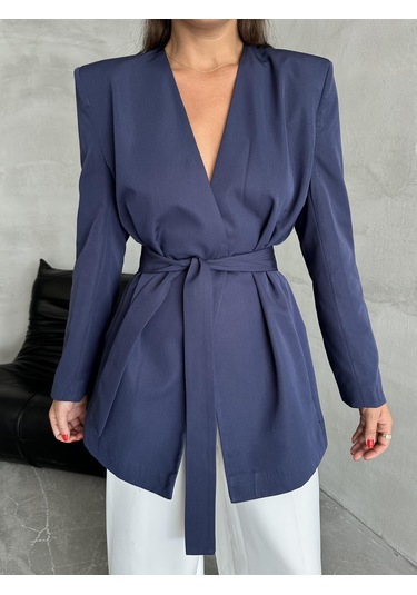 Lacivert Elegant Kuşaklı Ceket Lacivert