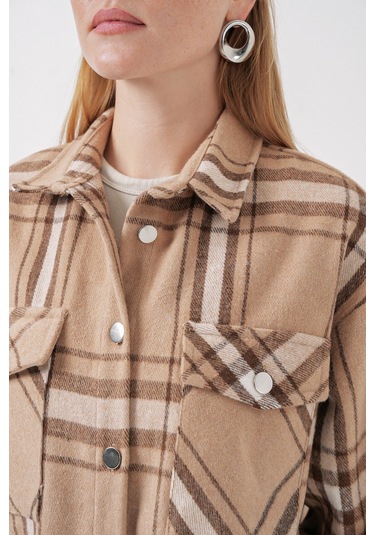 Bigdart 3854 Ekose Desen Çift Cepli Gömlek - Bisküvi