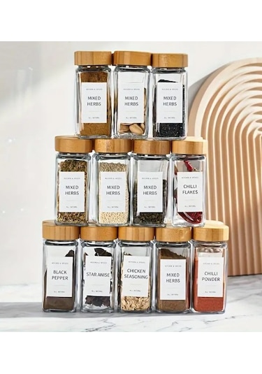 12 Li Kare Baharatlık, Bambu Kapaklı Serpme Başlıklı Baharatlık Bambu