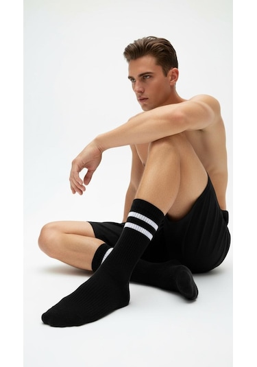 Erkek Spor Çorap 2 Li Set Nefes Alan Pamuklu Çizgili Soket Çorap Günlük Ve Spor Kullanım İçin Esnek Rahat Tasarım Siyah Beyaz