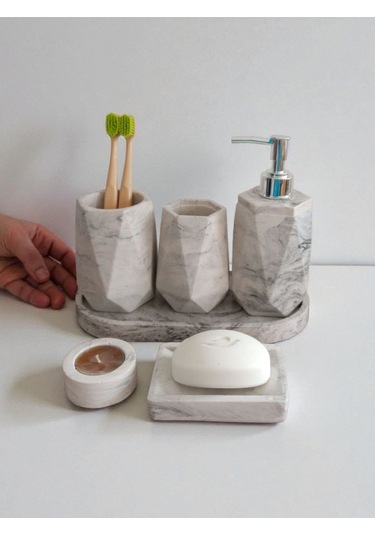 Mermer Desenli Beton Banyo Seti,sıvı Sabunluk ,diş Fırçalığı,kulak Çubukluğu,katı Sabunluk Ve Mumluk Gri