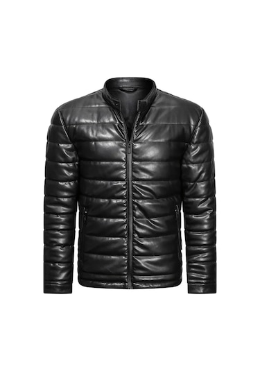 Düz Şişme Mont Hakiki Kuzu Derisi Siyah