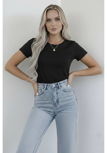 Hashtag Kadın Bisiklet Yaka Kısa Kollu Body Basic Tişört Viskon Kumaş Siyah