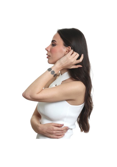 Labalaba Kadın Antik Gümüş Kaplama Zincir Bağlantılı Kabartma Dokulu Geometrik Tasarım Bileklik Gümüş