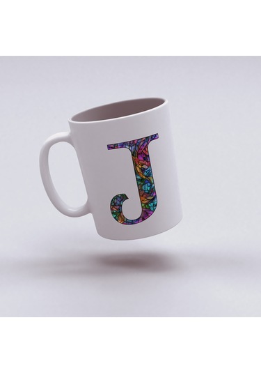 J Harfi Bardak 330 Ml İsme/harfe Özel Hediye, Renkli Harf Tasarım Beyaz