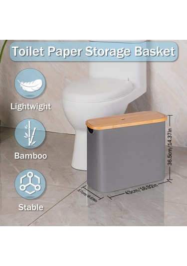Ximistore9 Gri Banyo Kağıdı Depolama Sepeti, 9 Rollu Kapasite, Bambus Kollü Ve Kapaklı, Oxford Kumaşı Dikey Organizer Gri