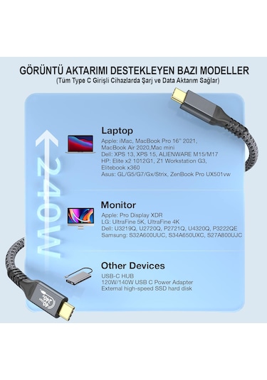 Thunderbolt 4 To Usb 4 Apple Uyumlu MacBook 240watt Hızlı Şarj 6k Görüntü Akta