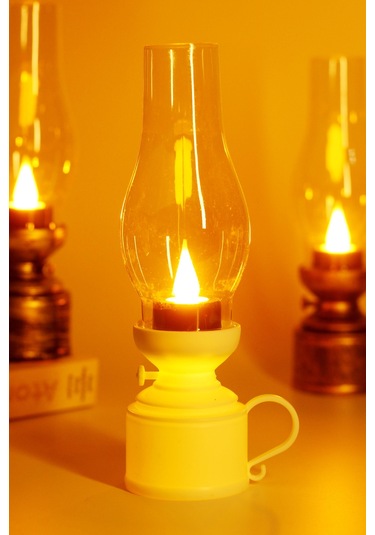 Led Mum Vintage Retro Gaz Lambası Tip Dumansız Pilli Alevli Dekoratif Yapay Mum Işıldak Beyaz 1037-5 Beyaz