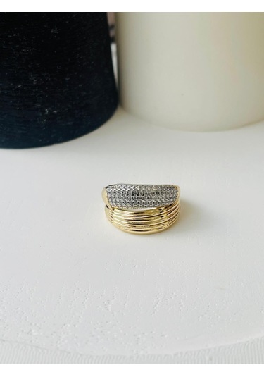 2 Sıra Zirkon Taşlı Gold-gümüş Detay Çelik Yüzük