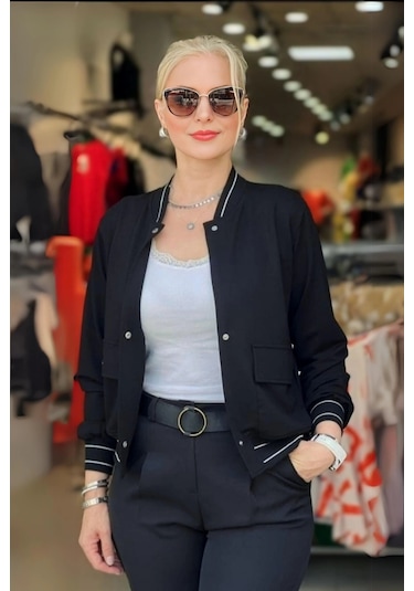 Ribanalı Çıtçıtlı Cepli Ceket Siyah