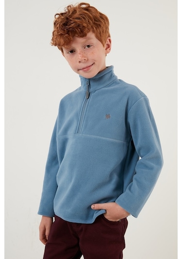 Lela Yumuşak Dokulu Fermuarlı Dik Yaka Şardonlu Kışlık Unisex Çocuk Polar 5905002 Mavi