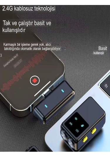 Universal 600mah Kablosuz Çiftli Yaka Mikrofonu Type-c & Lightning Alıcılı Apple Uyumlu iPhone Android Black