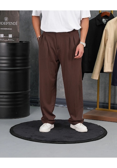 Modefendi Baggy Kalıp Pile Detaylı Kumaş Pantolon Kahverengi